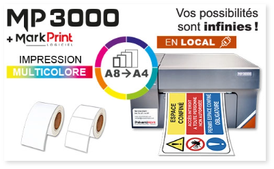 Image de la gamme MP3000 où l’on peut voir l’imprimante 
                signalétique multicolore MP3000 de PREVENTIMARK en train d’imprimer une étiquette regroupant la catégorie danger, interdiction et obligation. Il y a aussi le logo de la MP3000 et du logiciel de création d’étiquette MarkPrint,
                ainsi que deux consommables, une information écrite dans un cercle aux bordures colorées, concernant la capacité de taille d’impression de la MP1500 allant du format A8 au format A4. D’autres informations figurent 
                sur ce visuel comme la mention : En local, inscrite dans un rectangle orange, ou encore le texte : Impression multicolore. On peut également voir le slogan : Vos possibilités sont infinies ! en haut à droite. 
                Le tout est disposé sur fond blanc.